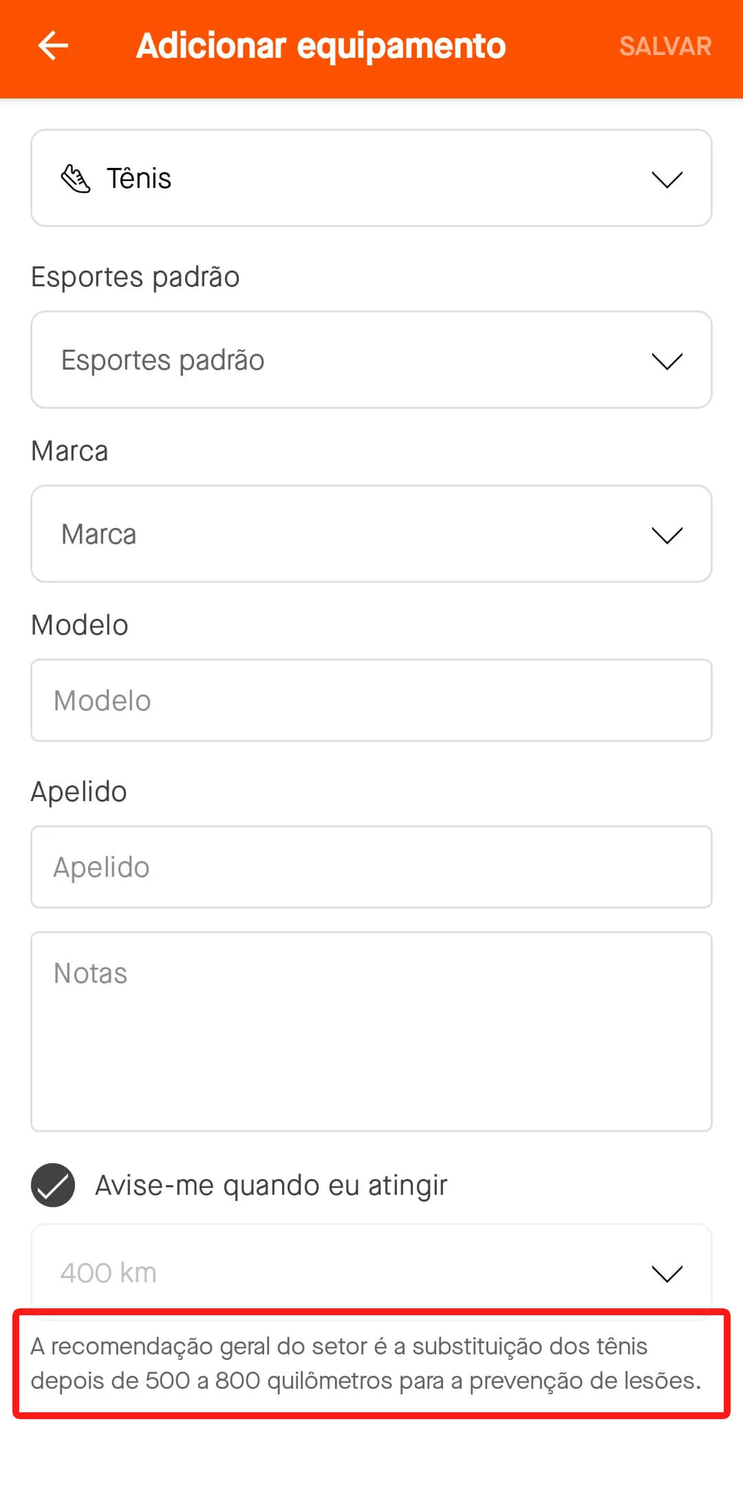 recomendação para substituição dos tênis print de uma tela do aplicativo strava que sugere o momento ideal para trocar de tênis